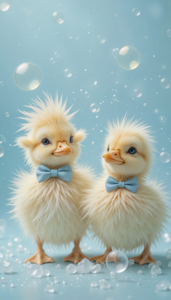 Fluffy_Ducklings_In_Bowties_Playing_With_Soap_Bubbles_On_Blue_Background_Cute_Wallpaper_For_Phone
