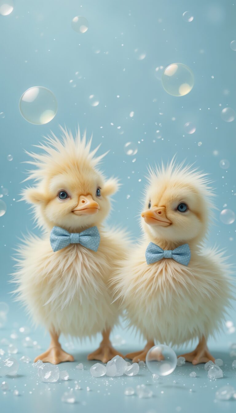 Fluffy_Ducklings_In_Bowties_Playing_With_Soap_Bubbles_On_Blue_Background_Cute_Wallpaper_For_Phone