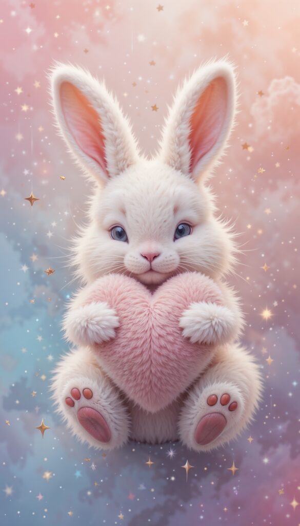 A dreamy pastel background with a fluffy white bunny hugging a heart-shaped soft toy, surrounded by tiny stars and sparkles 1 Fluffy_White_Bunny_With_Heart_Soft_Toy_On_Pastel_Background_With_Sparkles_Cute_Wallpaper_For_Phone
