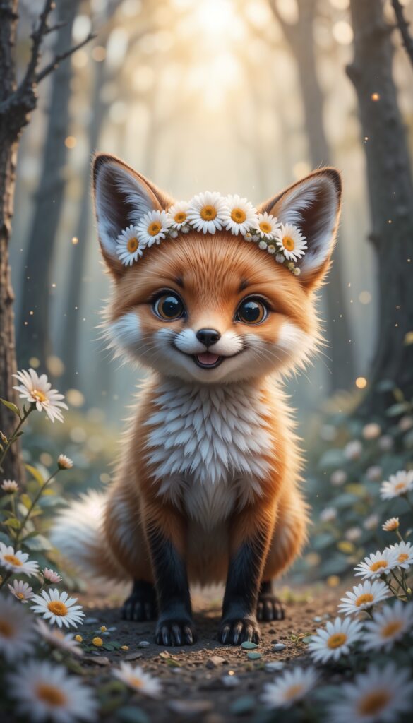 Fox_Cub_With_Daisy_Crown_In_Pastel_Forest_With_Sparkles_Cute_Wallpaper_For_Phone