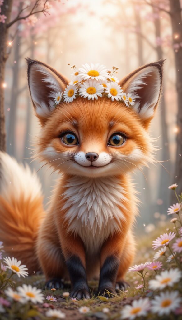 Fox_Cub_With_Daisy_Crown_In_Pastel_Forest_With_Sparkles_Cute_Wallpaper_For_Phone