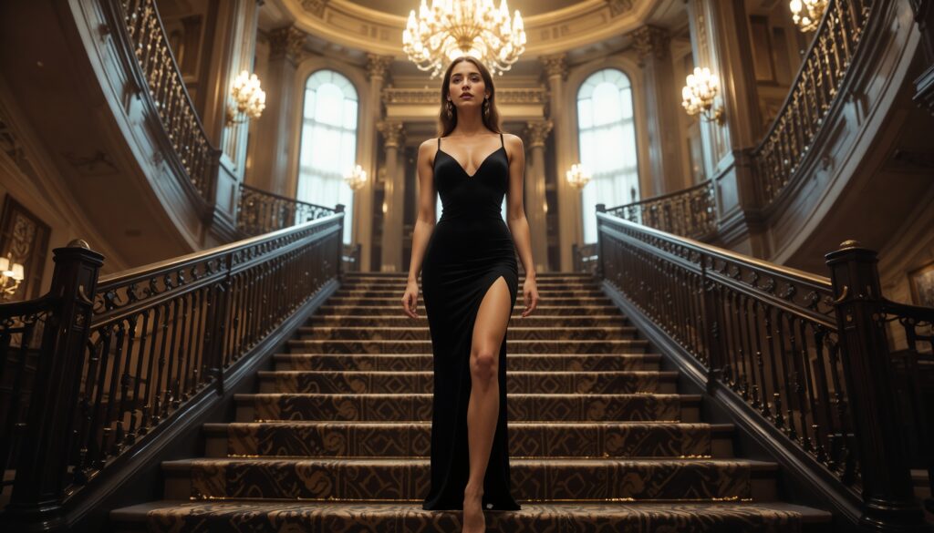 Glamorous tall model in a high-slit black velvet bodycon dress walking down a grand staircase in an art deco hotel 1 Tall_Model_In_High_Slit_Black_Velvet_Bodycon_Dress_On_Grand_Staircase_Art_Deco_Hotel_Bodycon_Dress_Photoshoot_Poses