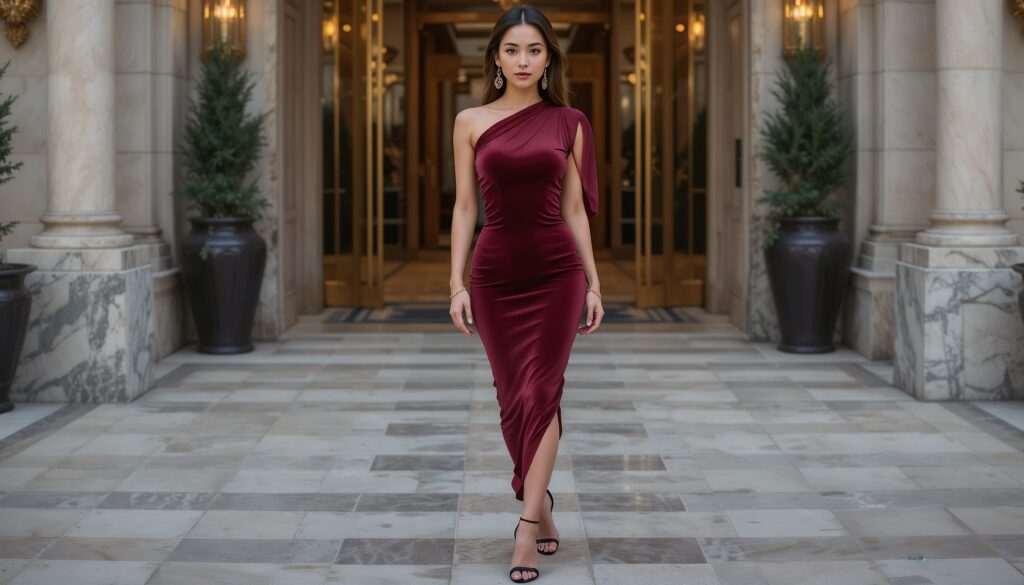 Glamorous_Woman_In_Burgundy_Velvet_Bodycon_Dress_At_Luxury_Hotel_Entrance_Bodycon_Dress_Photoshoot_Poses