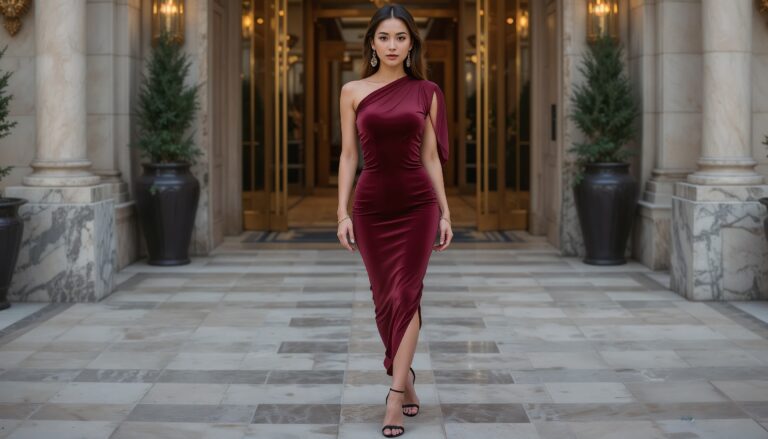 Glamorous_Woman_In_Burgundy_Velvet_Bodycon_Dress_At_Luxury_Hotel_Entrance_Bodycon_Dress_Photoshoot_Poses