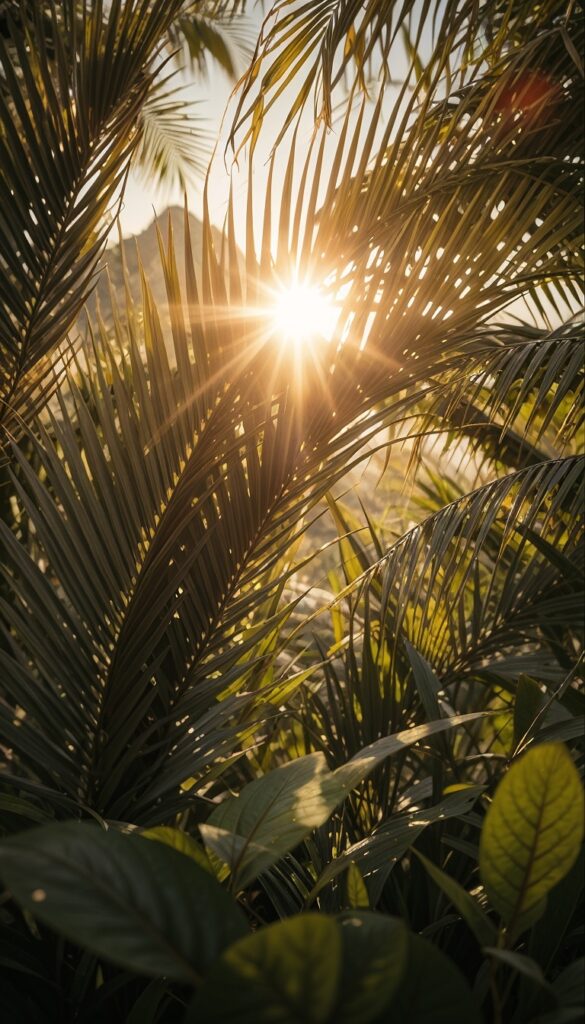 Golden_Sun_Rays_Through_Palm_Leaves_With_Sun_Flare_Effect_mobile_phone_wallpaper_HD