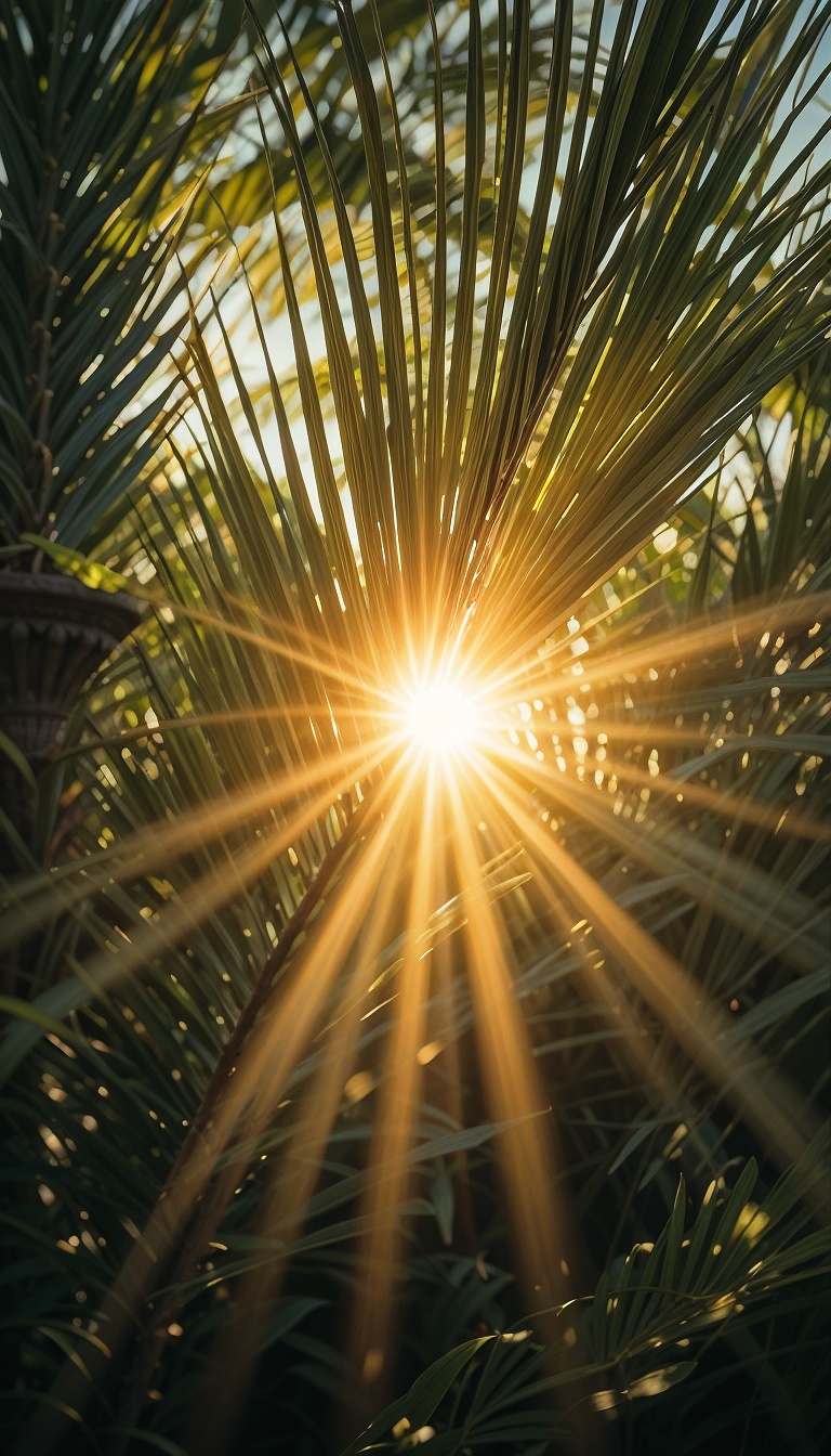 Golden_Sun_Rays_Through_Palm_Leaves_With_Sun_Flare_Effect_mobile_phone_wallpaper_HD