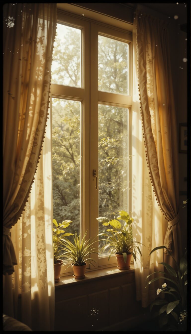 Grainy_Film_Texture_Sunlit_Window_With_Plants_And_Soft_Curtains_mobile_phone_wallpaper_HD