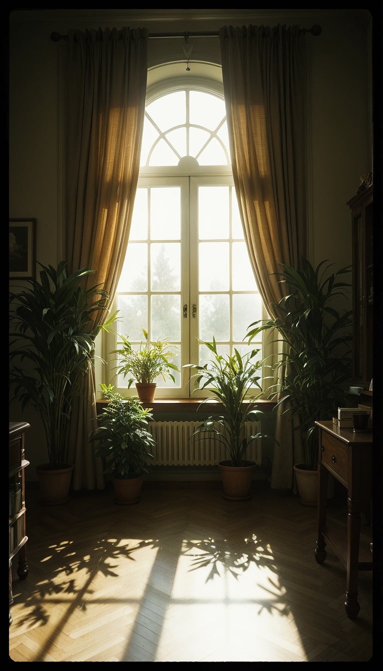 Grainy_Film_Texture_Sunlit_Window_With_Plants_And_Soft_Curtains_mobile_phone_wallpaper_HD
