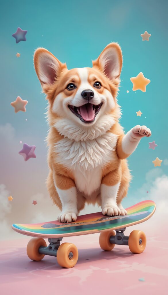 Happy_Corgi_On_Pastel_Rainbow_Skateboard_With_Jelly_Stars_Cute_Wallpaper_For_Phone