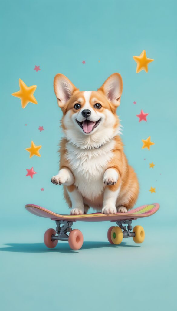 Happy_Corgi_On_Pastel_Rainbow_Skateboard_With_Jelly_Stars_Cute_Wallpaper_For_Phone