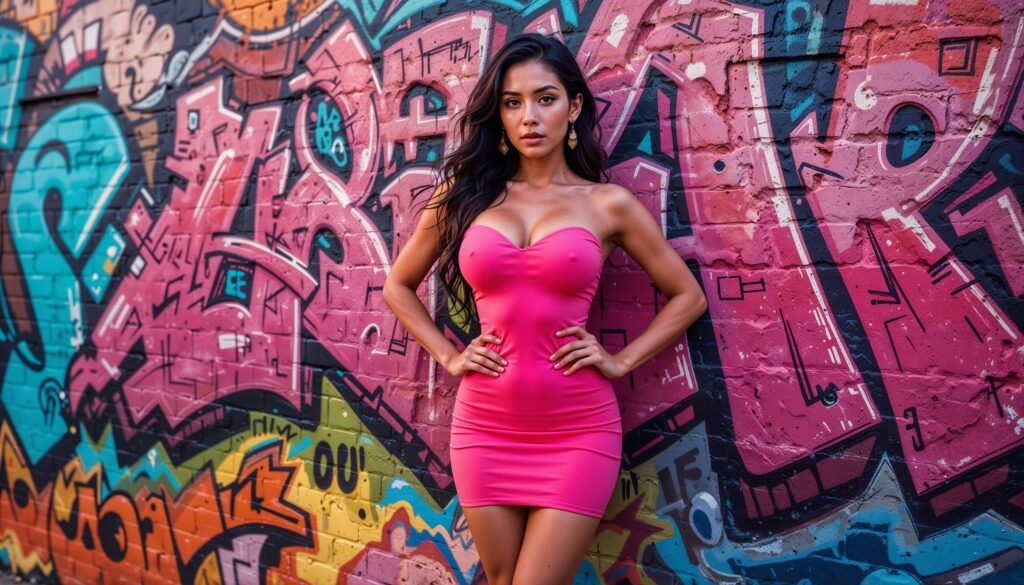 Hot_Latina_Model_In_Neon_Pink_Bodycon_Dress_Posing_By_Graffiti_Wall_Bodycon_Dress_Photoshoot_Poses