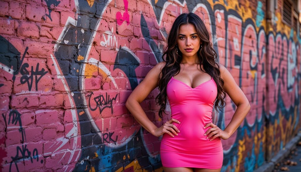 Hot_Latina_Model_In_Neon_Pink_Bodycon_Dress_Posing_By_Graffiti_Wall_Bodycon_Dress_Photoshoot_Poses