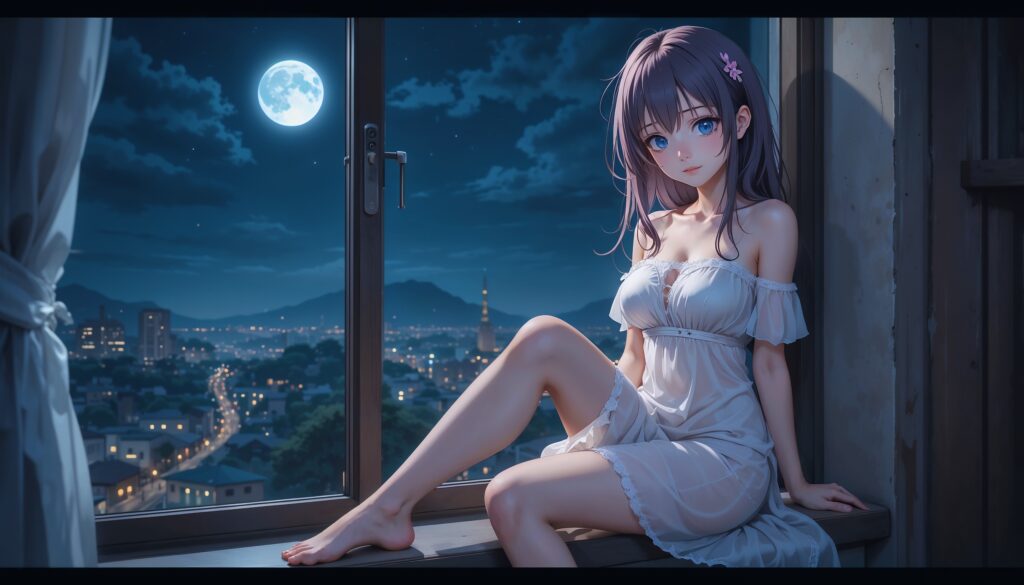 City Below, Tears Above – Sad Window Scene 1 Hot_Anime_Girl_In_Sheer_White_Nightdress_On_Windowsill_With_Moonlight_And_Sad_Face_Image_Of_Sad_Anime