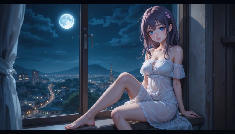 Hot_Anime_Girl_In_Sheer_White_Nightdress_On_Windowsill_With_Moonlight_And_Sad_Face_Image_Of_Sad_Anime