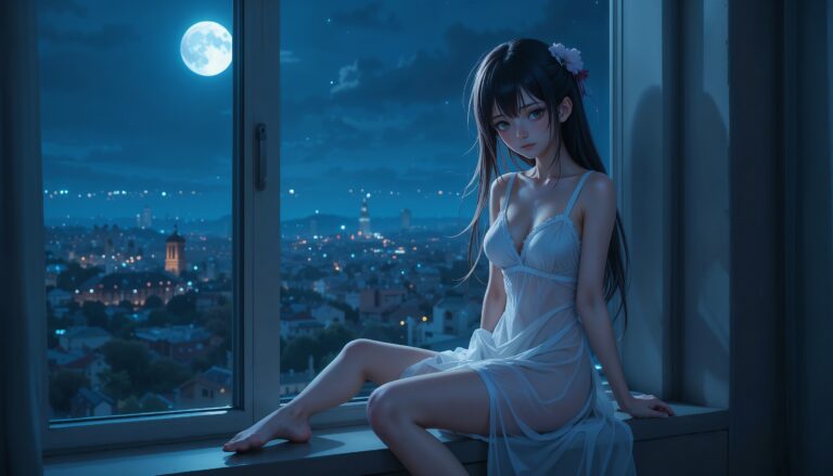 Hot_Anime_Girl_In_Sheer_White_Nightdress_On_Windowsill_With_Moonlight_And_Sad_Face_Image_Of_Sad_Anime