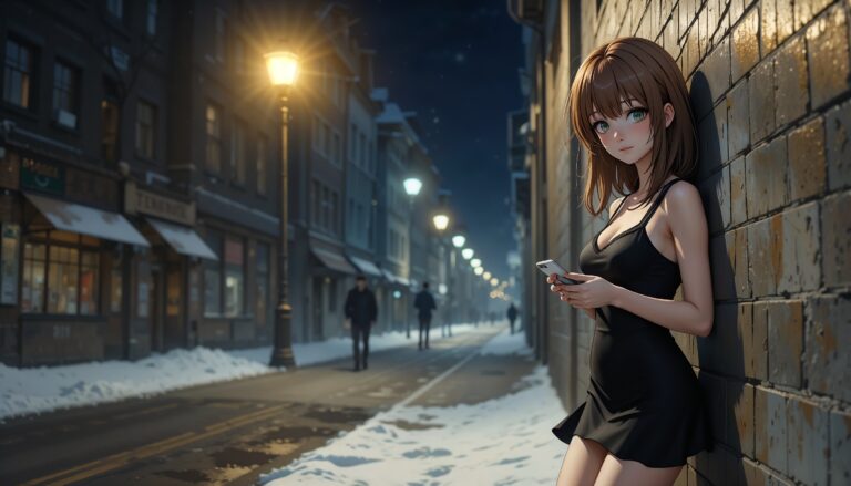 Hot_Anime_Girl_In_Short_Black_Dress_Under_Streetlight_With_Smudged_Mascara_Image_Of_Sad_Anime