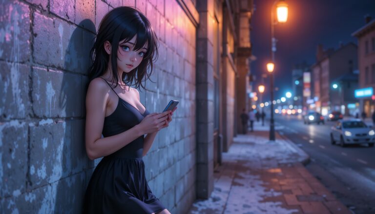 Hot_Anime_Girl_In_Short_Black_Dress_Under_Streetlight_With_Smudged_Mascara_Image_Of_Sad_Anime