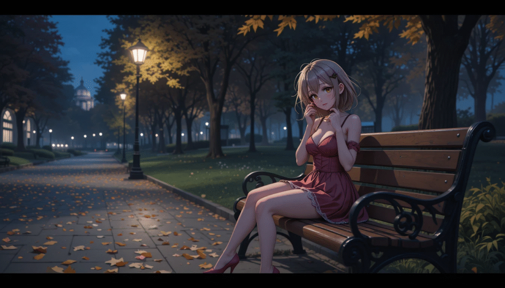 Hot_Anime_Girl_In_Short_Red_Dress_Crying_On_Park_Bench_At_Night_Image_Of_Sad_Anime