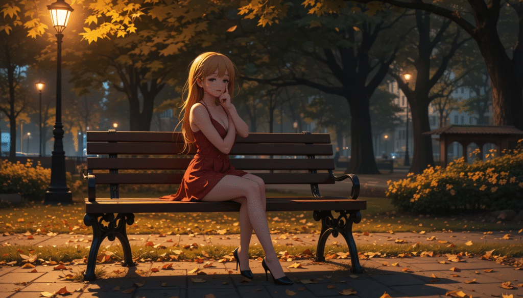 Hot_Anime_Girl_In_Short_Red_Dress_Crying_On_Park_Bench_At_Night_Image_Of_Sad_Anime