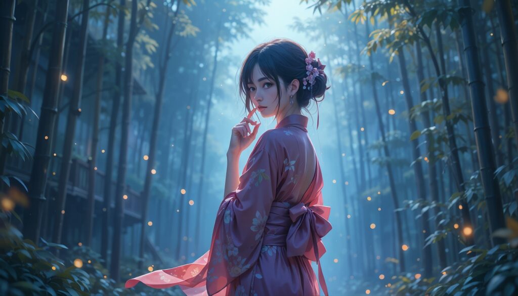 Fireflies and Farewell – Emotional Anime Forest 1 Hot_Anime_Girl_In_Silk_Kimono_In_Bamboo_Forest_At_Twilight_With_Tears_And_Fireflies_Image_Of_Sad_Anime