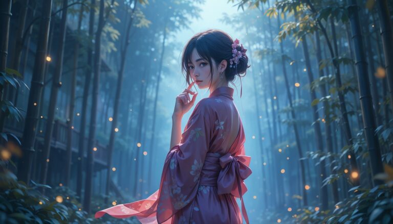 Hot_Anime_Girl_In_Silk_Kimono_In_Bamboo_Forest_At_Twilight_With_Tears_And_Fireflies_Image_Of_Sad_Anime