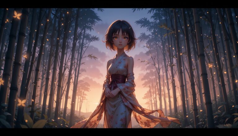 Hot_Anime_Girl_In_Silk_Kimono_In_Bamboo_Forest_At_Twilight_With_Tears_And_Fireflies_Image_Of_Sad_Anime