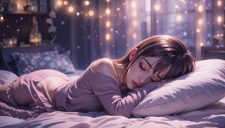 Hot_Anime_Girl_In_Off_Shoulder_Sweater_Lying_On_Bed_Under_Fairy_Lights_Crying_Image_Of_Sad_Anime