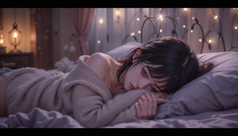 Hot_Anime_Girl_In_Off_Shoulder_Sweater_Lying_On_Bed_Under_Fairy_Lights_Crying_Image_Of_Sad_Anime