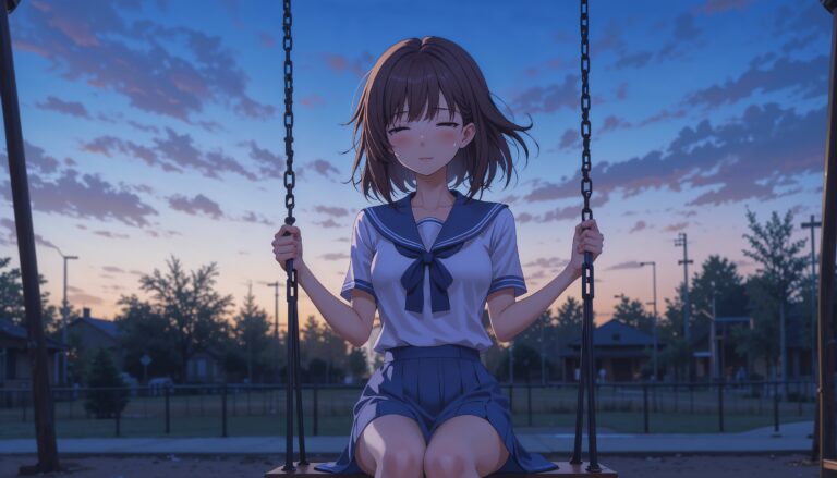 Hot_Anime_Girl_On_Swing_At_Dusk_In_School_Uniform_With_Tears_Image_Of_Sad_Anime