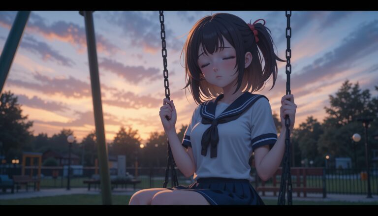 Hot_Anime_Girl_On_Swing_At_Dusk_In_School_Uniform_With_Tears_Image_Of_Sad_Anime