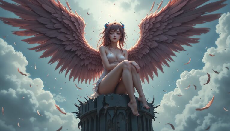 Hot_Anime_Girl_With_Wings_On_Broken_Pillar_In_Cloudy_Sky_With_Tears_Image_Of_Sad_Anime