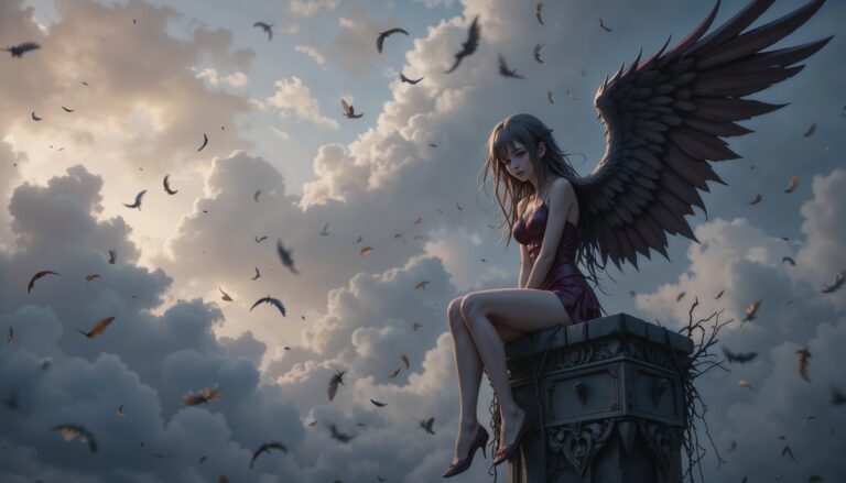 Hot_Anime_Girl_With_Wings_On_Broken_Pillar_In_Cloudy_Sky_With_Tears_Image_Of_Sad_Anime