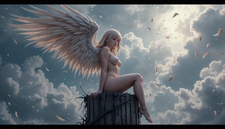Hot_Anime_Girl_With_Wings_On_Broken_Pillar_In_Cloudy_Sky_With_Tears_Image_Of_Sad_Anime