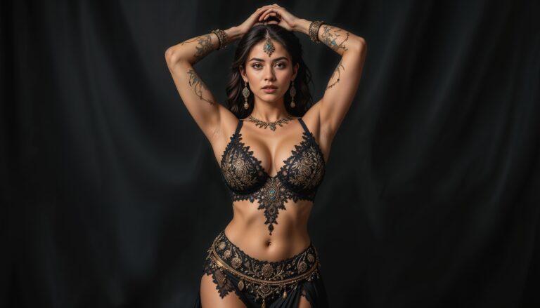 In_Ornate_Lace_Curvy_Belly_Dancer_Studio_Full_Pose_With_Classic_Arm_Posture_in_SHiny_Gold_and_Black_Outfit_mobile_phone_wallpaper_HD