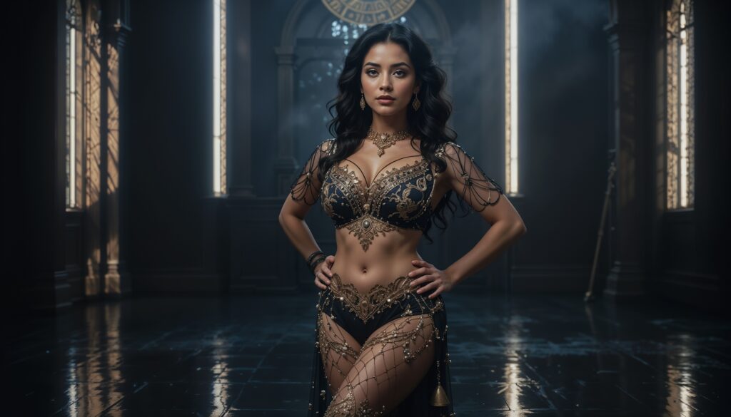 In_Sheer_Black_Mesh_Curvy_Belly_Dancer_in_Black_and_Golden_Outfit_Confident_Side_Glance_In_Reflective_Studio_mobile_phone_wallpaper_HD