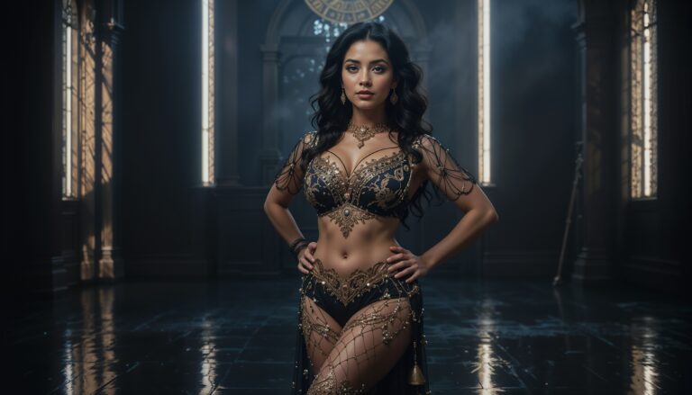 In_Sheer_Black_Mesh_Curvy_Belly_Dancer_in_Black_and_Golden_Outfit_Confident_Side_Glance_In_Reflective_Studio_mobile_phone_wallpaper_HD