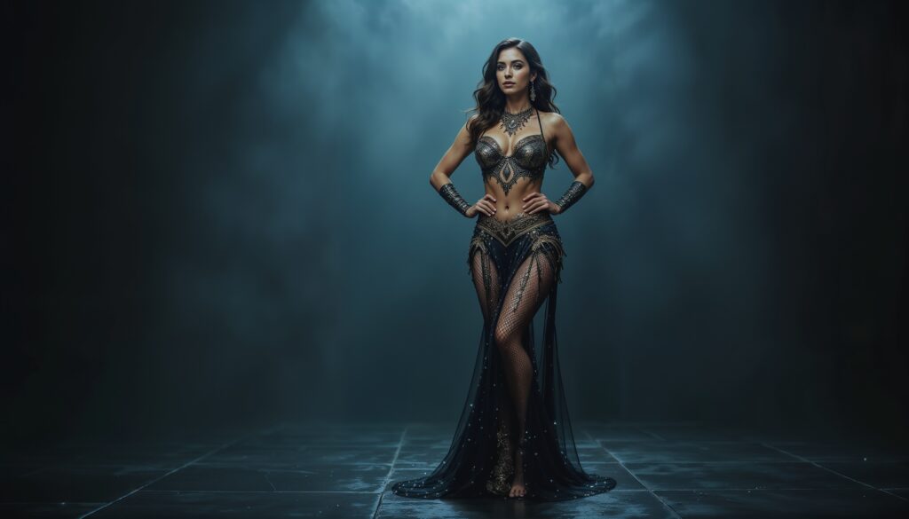 In_Sheer_Black_Mesh_Curvy_Belly_Dancer_in_Black_and_Golden_Outfit_Confident_Side_Glance_In_Reflective_Studio_mobile_phone_wallpaper_HD