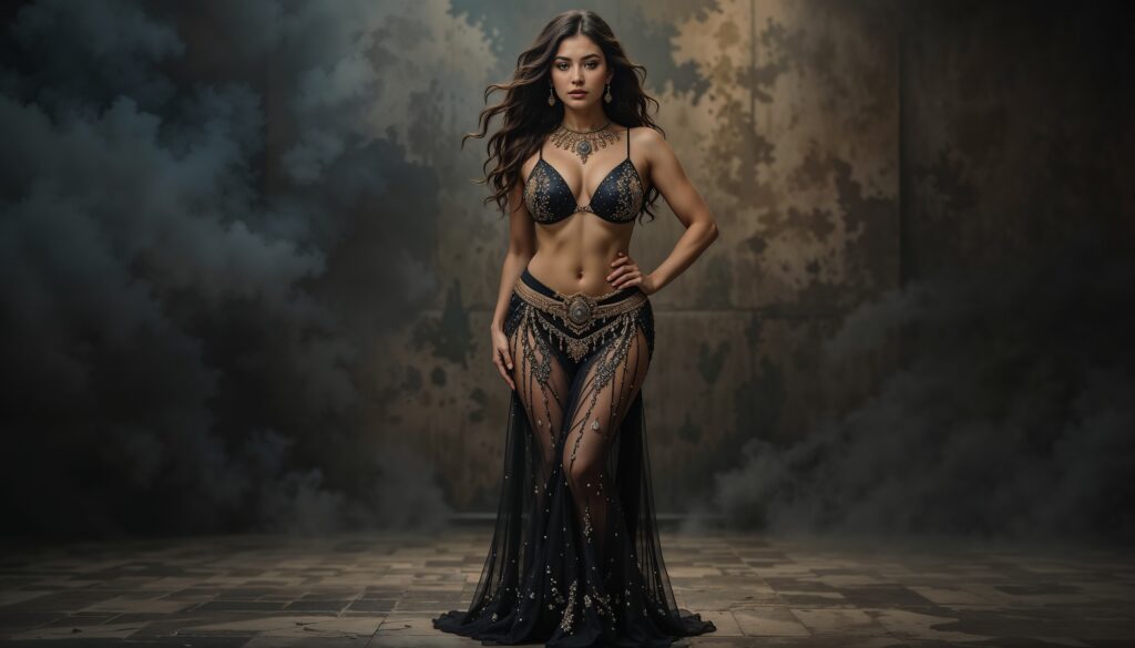 In_Sheer_Gold_Mesh_Curvy_Belly_Dancer_In_Black_and_Golden_Outfit_Smoldering_Look_On_Glossy_Studio_Floor_mobile_phone_wallpaper_HD