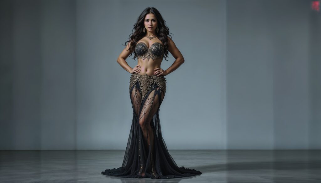 In_Sheer_Gold_Mesh_Curvy_Belly_Dancer_In_Black_and_Golden_Outfit_Smoldering_Look_On_Glossy_Studio_Floor_mobile_phone_wallpaper_HD