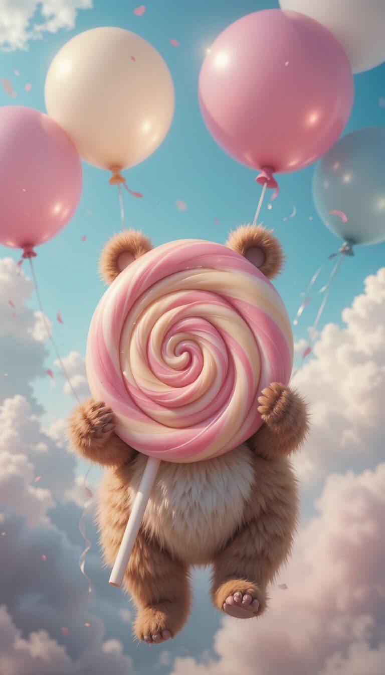 Kawaii_Bear_Holding_Pastel_Lollipop_Floating_With_Balloons_In_Sky_Cute_Wallpaper_For_Phone