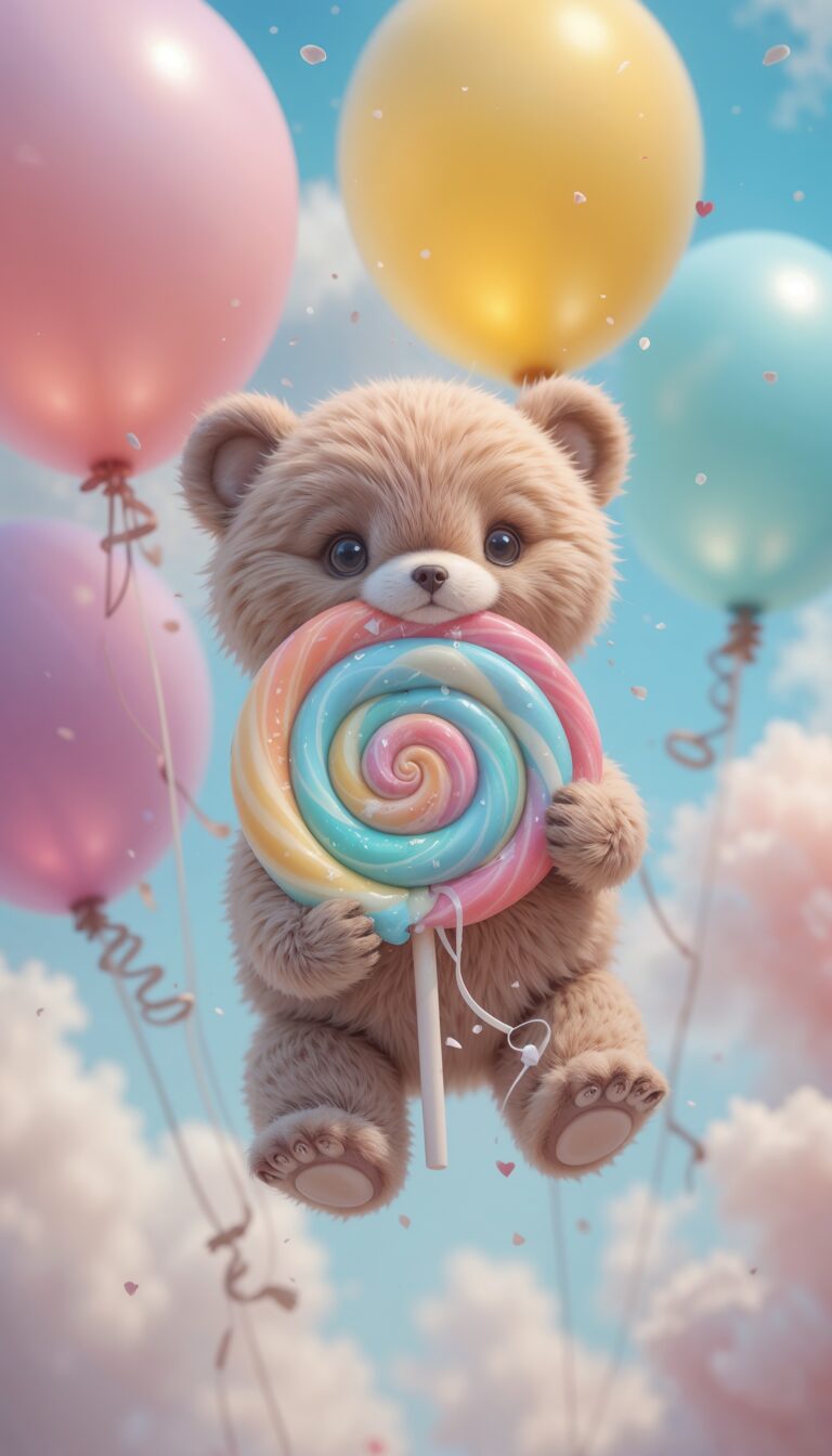 Kawaii_Bear_Holding_Pastel_Lollipop_Floating_With_Balloons_In_Sky_Cute_Wallpaper_For_Phone