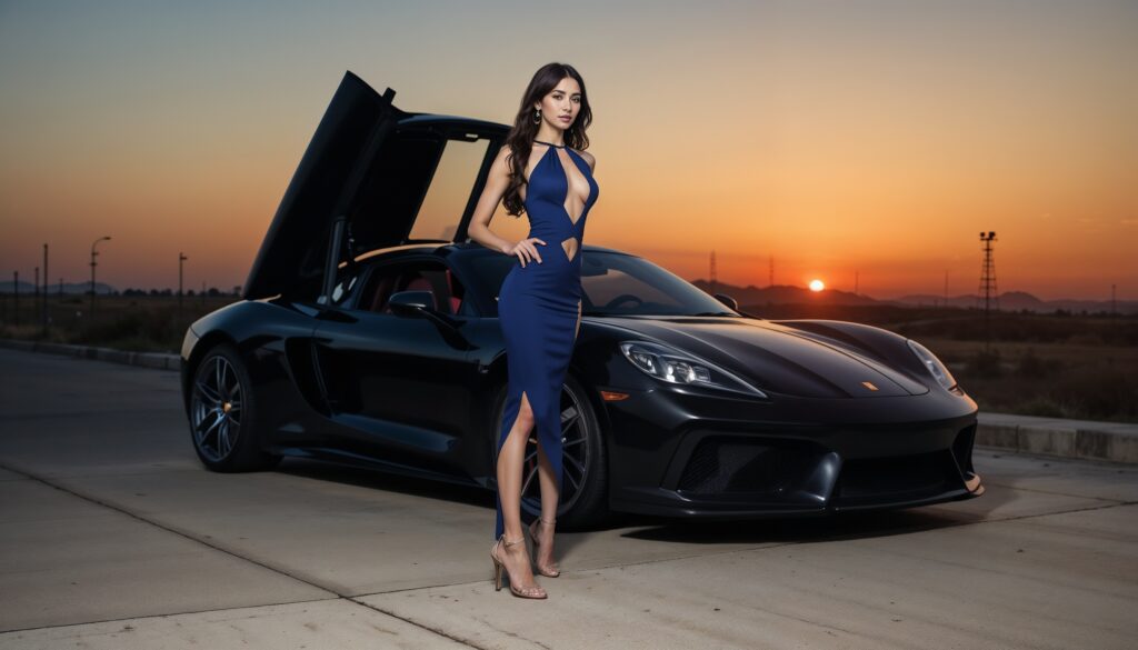 Middle_Eastern_Model_In_Navy_Halter_Bodycon_Dress_By_Sports_Car_At_Sunset_Side_Profile_Bodycon_Dress_Photoshoot_Poses