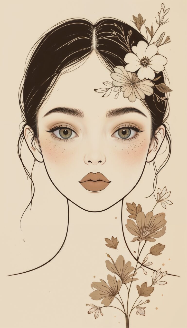 Minimalist_Line_Art_Girl_With_Floral_Design_Beige_And_Soft_Brown_Aesthetic_mobile_phone_wallpaper_HD_Best_Wallpapers_for_Girls