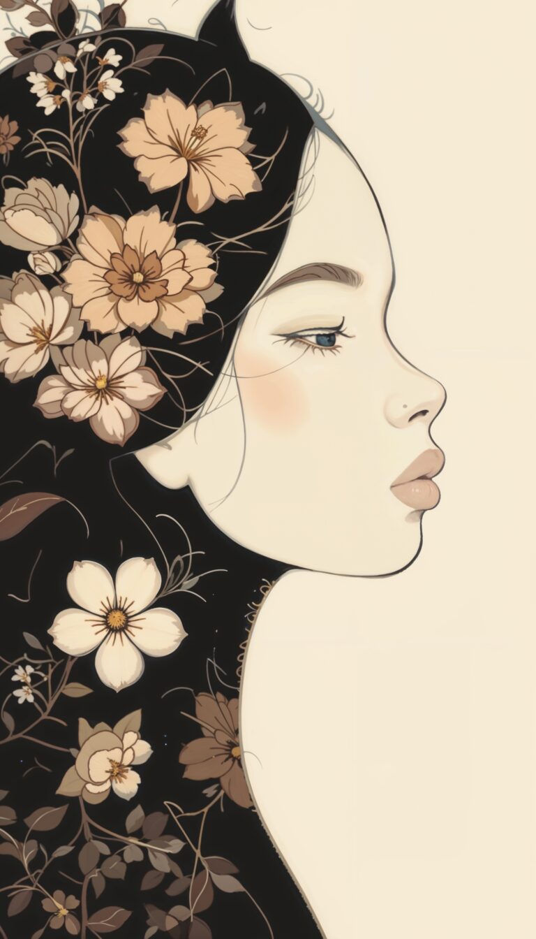 Minimalist_Line_Art_Girl_With_Floral_Design_Beige_And_Soft_Brown_Aesthetic_mobile_phone_wallpaper_HD_Best_Wallpapers_for_Girls