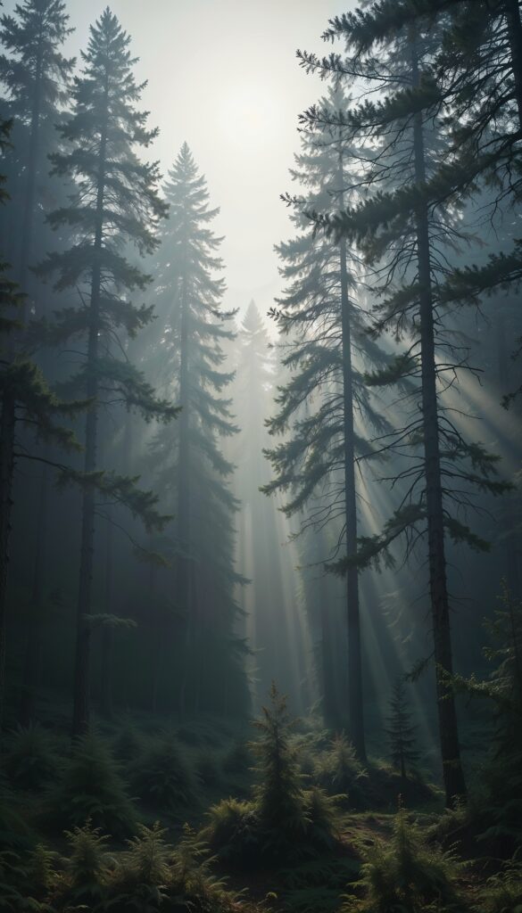 Misty_Pine_Tree_Forest_With_Sunbeams_And_Foggy_Atmosphere_mobile_phone_wallpaper_HD