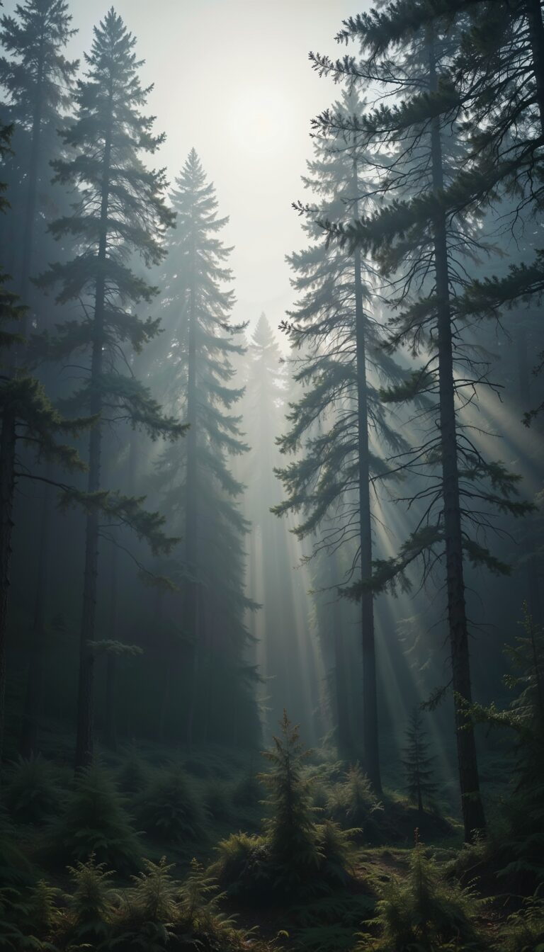 Misty_Pine_Tree_Forest_With_Sunbeams_And_Foggy_Atmosphere_mobile_phone_wallpaper_HD