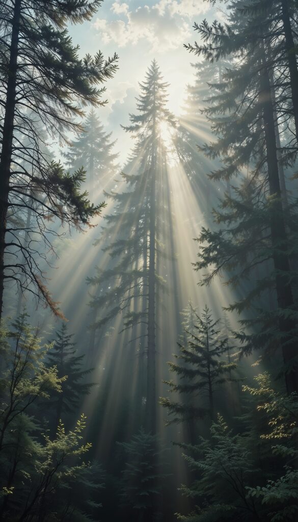 Misty_Pine_Tree_Forest_With_Sunbeams_And_Foggy_Atmosphere_mobile_phone_wallpaper_HD