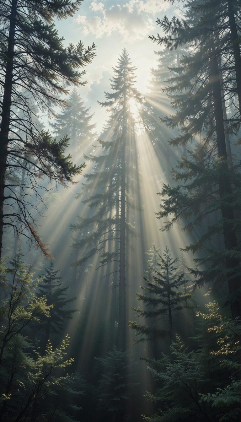 Misty_Pine_Tree_Forest_With_Sunbeams_And_Foggy_Atmosphere_mobile_phone_wallpaper_HD