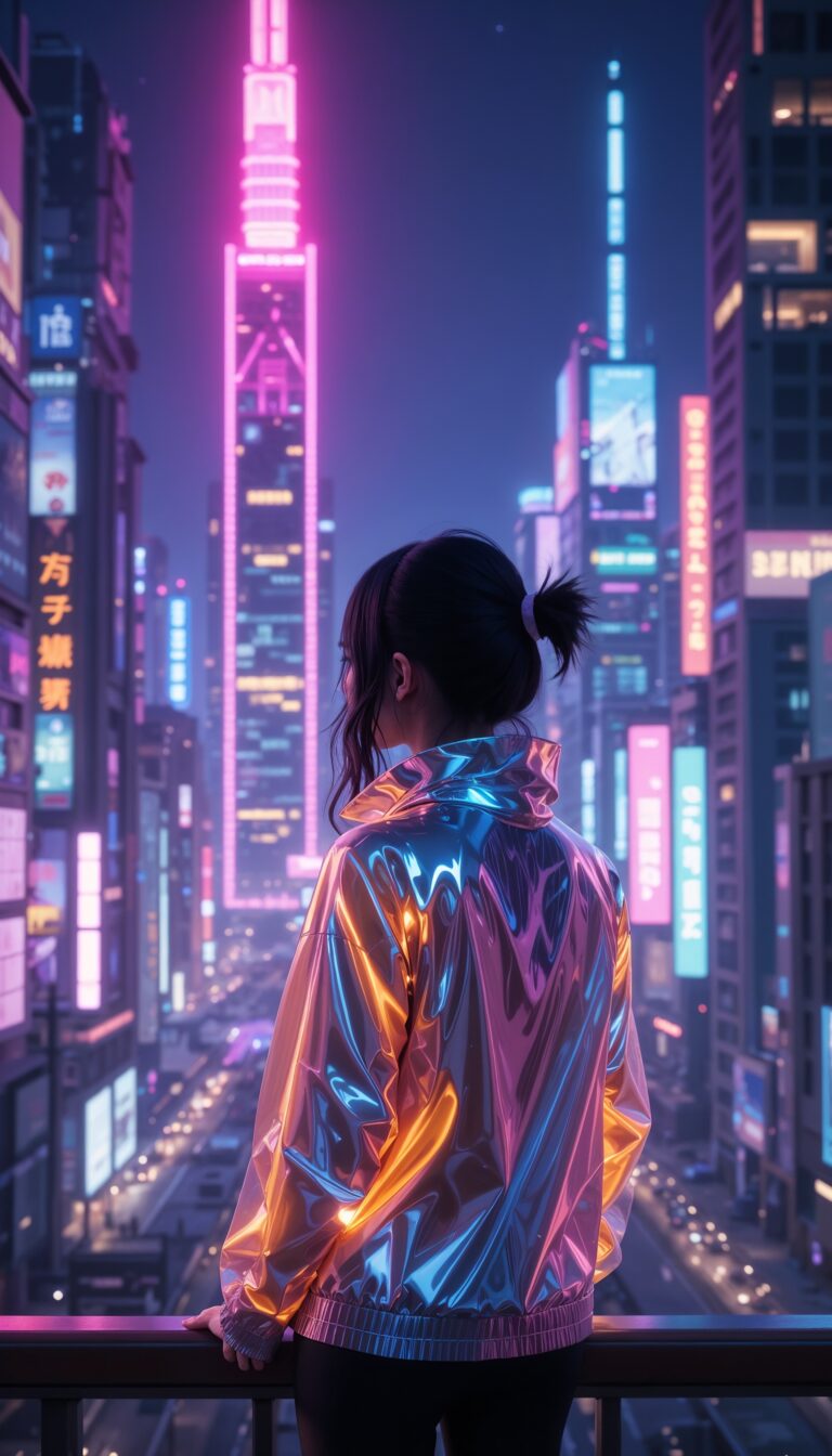 Neon_Lit_Cityscape_With_Futuristic_Girl_In_Holographic_Jacket_Looking_At_Skyline_Cyber_Girl_Aesthetic_mobile_phone_wallpaper_HD_Best_Wallpapers_for_Girls