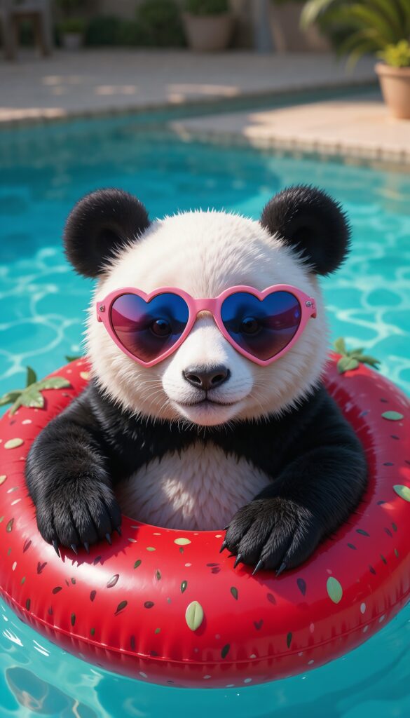 Panda_With_Heart_Shaped_Sunglasses_On_Strawberry_Pool_Float_Cute_Wallpaper_For_Phone